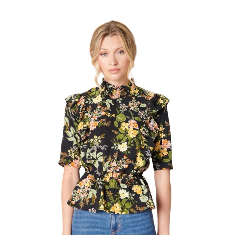 Sugar lips Floral High Neck Ruffle Peplum Top